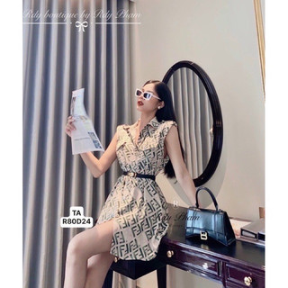 (Sẵn) Đầm váy lụa ngắn, hoạ tiết FD sang chảnh, có đệm cầu vai