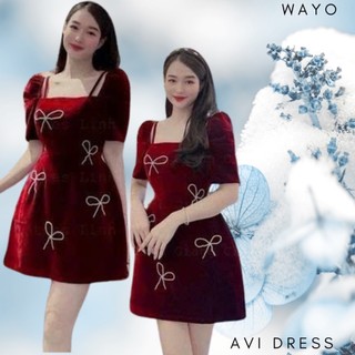 [Avi Dress] Đầm WAYO thiết kế nhung cổ vuông đính nơ sang trọng xinh đẹp