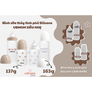Bình sữa Ubmom thủy tinh phủ siêu nhẹ họa tiết thỏ, gấu đáng yêu size 180ml/240ml