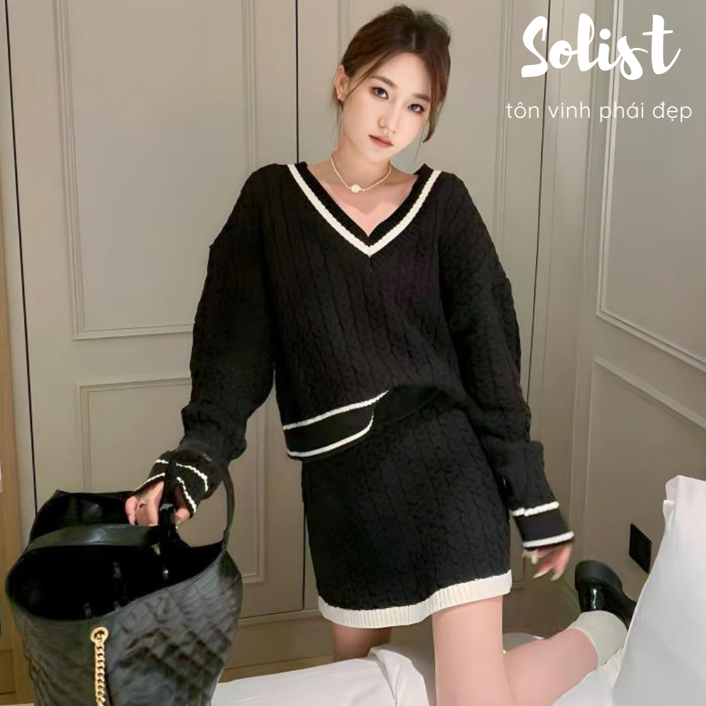 SET ÁO LEN CỔ V CHÂN VÁY PHỐI VIỀN BASIC