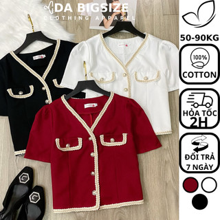 DA BIGSIZE - Áo Kiểu Nữ , Áo Nữ Bigsize Cổ Tim Ngắn Tay Viền Vàng 2 Nắp Túi 100% Cotton Dành Cho Người Mập 50.90kg