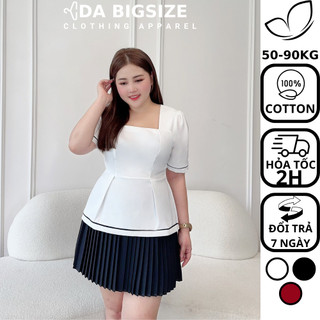 Dabigsize - Áo Kiểu Nữ Bigsize , Áo Peplum Cổ Vuông Tay Ngắn Phối Viền Chất Cotton Mềm Mịn Dành Cho Người Mập 50-90kg