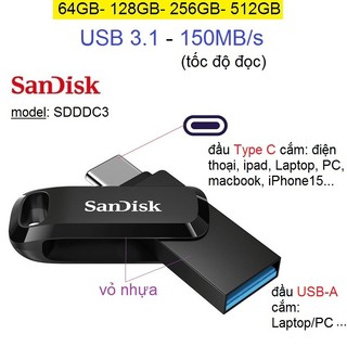 Usb type c 64gb/ 128gb/ 256gb/ 512gb sandisk ultra dual drive go usb typec
