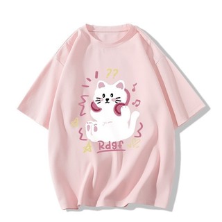 Áo thun Nữ inhình Mèo may mắn ALICE, áo thun cotton nữ dáng rộng trẻ trung