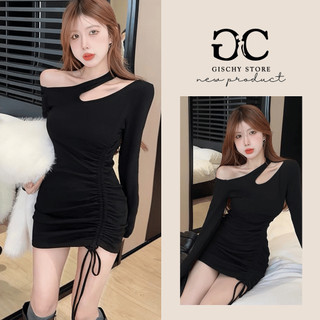 GC29-Đầm Body Tay Dài GISCHY Thiết Kế Lệch Vai Kèm Dây Rút Siêu Cá Tính Váy Ôm Sát Chất Thun Gân Co Giãn