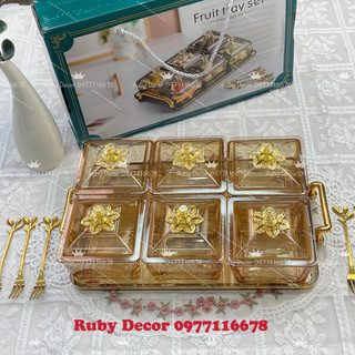 Khay đựng bánh kẹo nhựa cao cấp đựng hoa quả mứt tết 6 ngăn có nắp, hộp đựng thực phẩm bánh kẹo sang trọng