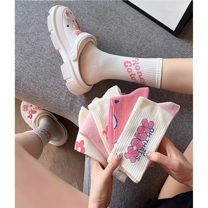 Set 5 Đôi Tất Vớ Cổ Cao Cho Nữ Hoạ Tiết Cherry Hồng Phong Cách Hàn Quốc Siêu Hot