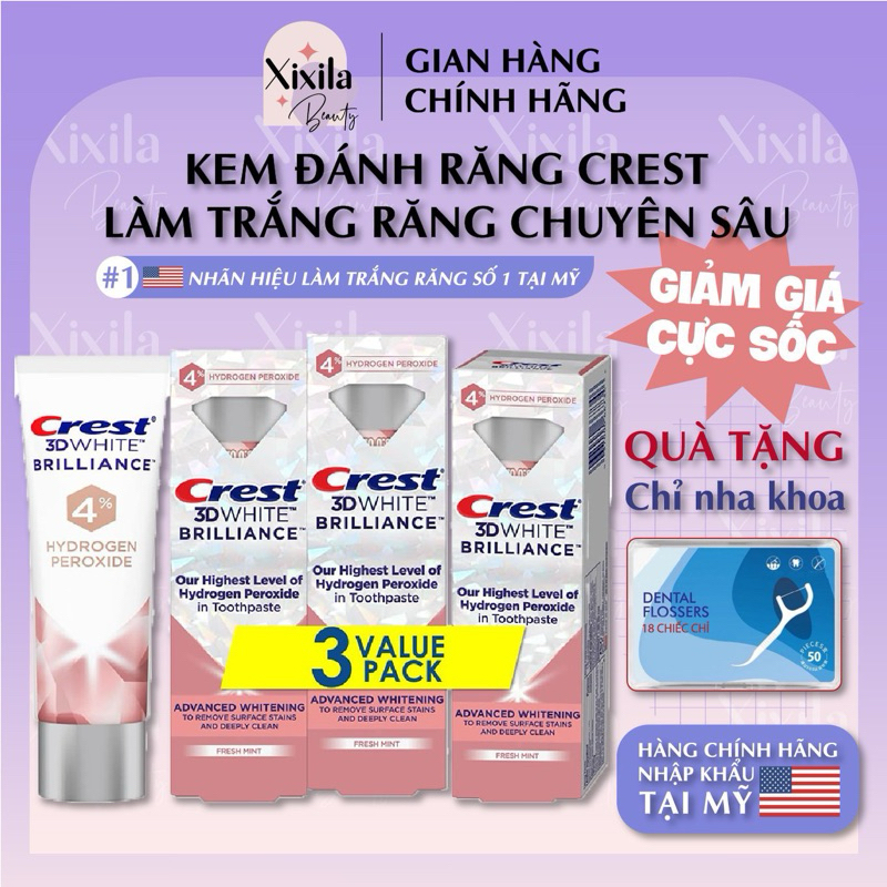 Kem đánh răng Crest 3D White Brilliance 4% Hydrogen Peroxide làm trắng răng siêu cấp