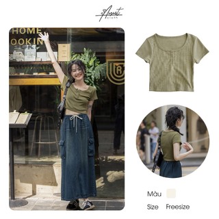 [Augustcloth] Áo tay ngắn cổ tròn ngắn có 3 cúc