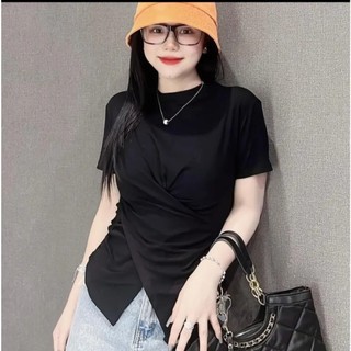 Áo Thun Nữ Xoắn Eo Tay Ngắn Vạt Nhọn Vắt Chéo, Áo Thun Cổ Tròn Chất Thun Co Dãn Ôm Body