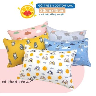Gối trẻ em muji vải 100% cotton 30cmx45cm, ruột gối bông gòn trắng tinh khiết, vỏ gối nằm cho bé từ 1-5 tuổi có khóa kéo