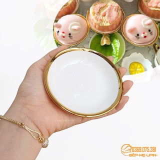 Đĩa sứ viền vàng tròn 9cm đựng bánh bao muối tiêu