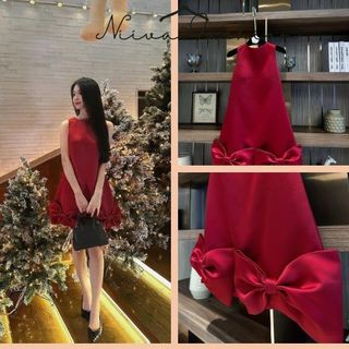 Đầm Đỏ Tết Dự Tiệc Sang Chảnh, Váy Nữ BabyDoll Dáng Dài Chất Tafta Sang Trọng Kèm Nơ Thiết Kế Đi Chơi Đi Tiệc