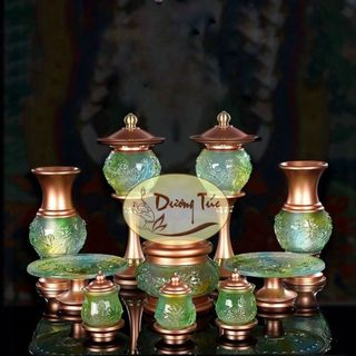 Bộ thờ cúng : bình hoa , lư hương , đĩa trái cây , chung nước đại bi , lưu ly xanh phối đồng cao cấp
