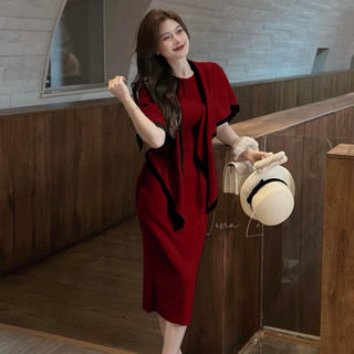 [Hàng sẵn] set đầm body đỏ đô gân phối khăn choàng