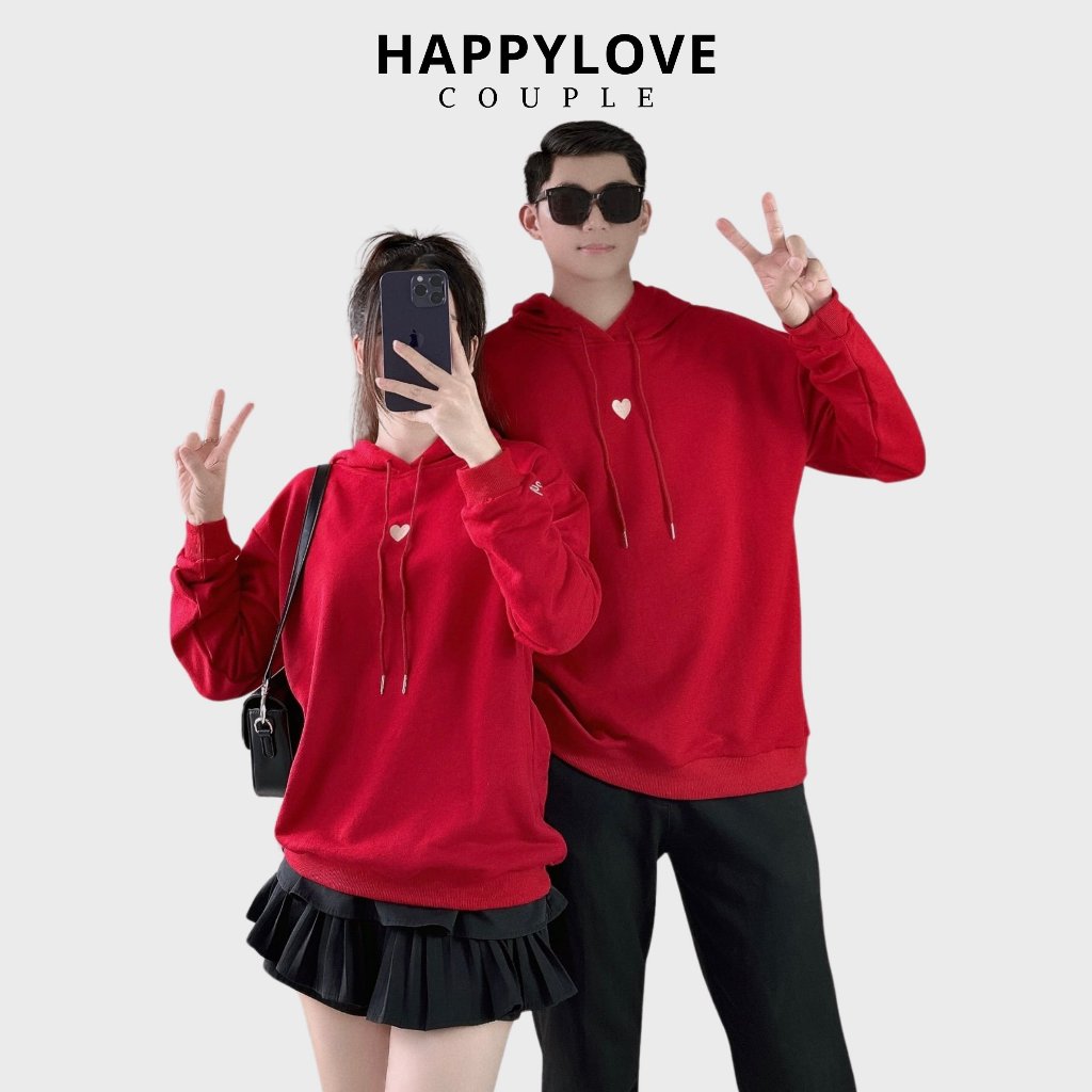 Áo hoodie nam nữ đồ đôi HAPPYLOVE màu đỏ đô thêu trái tim thời trang thu đông cho cặp đôi M018