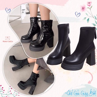 Bốt siêu cao gót cổ cao miệng tròn khoá kéo sau, Bốt nữ cổ lửng ôm chân đế 10p siêu tôn dáng cá tính