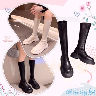Bốt đùi nữ đế 3cm sóng cổ tròn phối khoá kéo sau, Giày bốt nữ mũi tròn cao cổ gân T giữ ấm