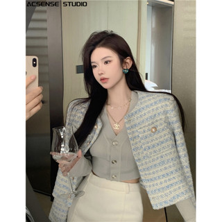 Áo dạ tweed cổ tròn sea coat siêu sang chảnh, áo dạ kẻ xanh vạt vuông dáng ngắn