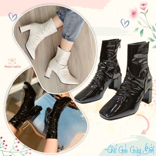 Boot nữ cổ thấp 7p da bóng xếp li, Giày bốt cao cổ nữ lót lông gót vuông cao gót khoá kéo giữ ấm thời trang