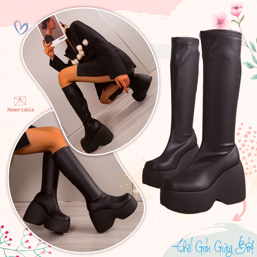 Giày Bốt Cao Cổ Da Mềm Chất Đẹp Kiểu Dáng cá tính, Bốt Chiến Binh Đế siêu cao 12cm lượn sóng thời trang thu đông
