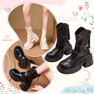 Bốt nữ cổ lửng cao gót cổ sóng 20cm, Boots gót vuông số 7 đế 7cm khóa kéo lót lông dáng lửng