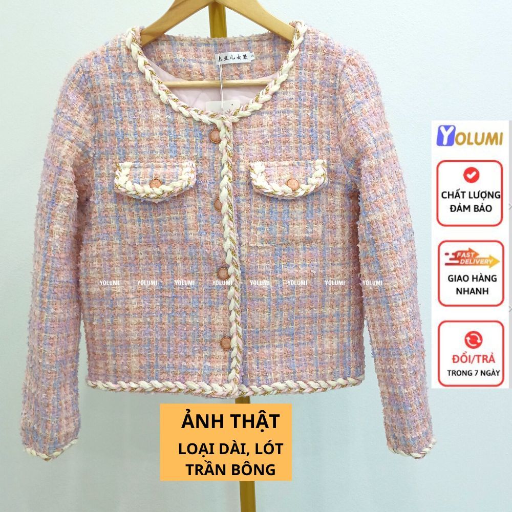 Áo Khoác Dạ Tweed Áo Dạ hồng phối cúc đồng siêu xinh phong cách Hàn Quốc YOLUMI