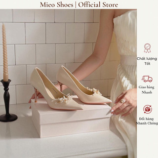 Giày cưới mieo shoes - giày cô dâu lụa satin tag hoa tháo rời - qc fullbox cao cấp g1182