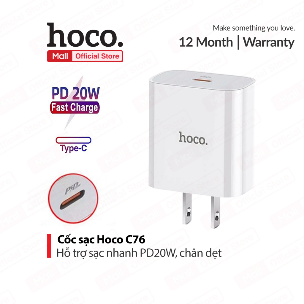 Củ sạc nhanh PD20W Hoco C76/C76A 1 cổng Type-C , nhỏ gọn tiện lợi, tương thích với nhiều thiết bị