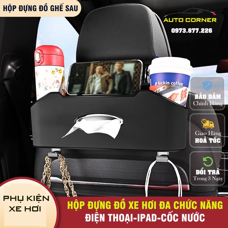 Hộp để đồ ghế sau ô tô cao cấp, giá đỡ điện thoại, đựng chai nước đa chức năng