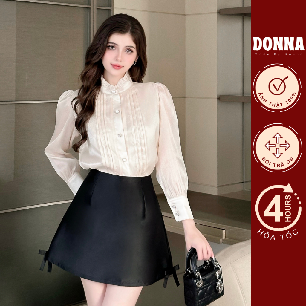 DONNA - Áo sơ mi kiểu nữ Tơ Óng cổ bèo xếp ly đính nút ngọc thạch sang trọng