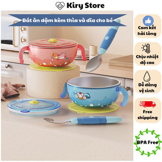 Bát ăn dặm cho bé Kiry store bộ bát dĩa bộ bát ăn cơm kèm thìa dĩa đồ ăn dặm cho bé chén ăn dặm cho bé có hít chống đổ