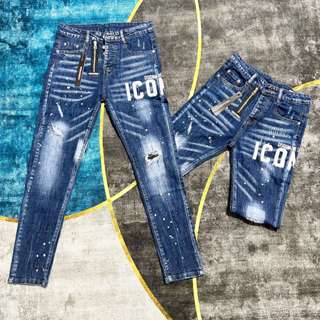 Quần Jean Nam DSQ Màu Xanh Wash Bạc Bản Khóa Lệch In Chữ DSQUARED2 ICON Vảy Sơn Xước Nhẹ Cực Chất