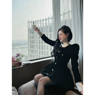 Váy Nhung Nữ Cổ Sen Tay Bồng Quý Cô Sang Chảnh ( sẵn hàng)