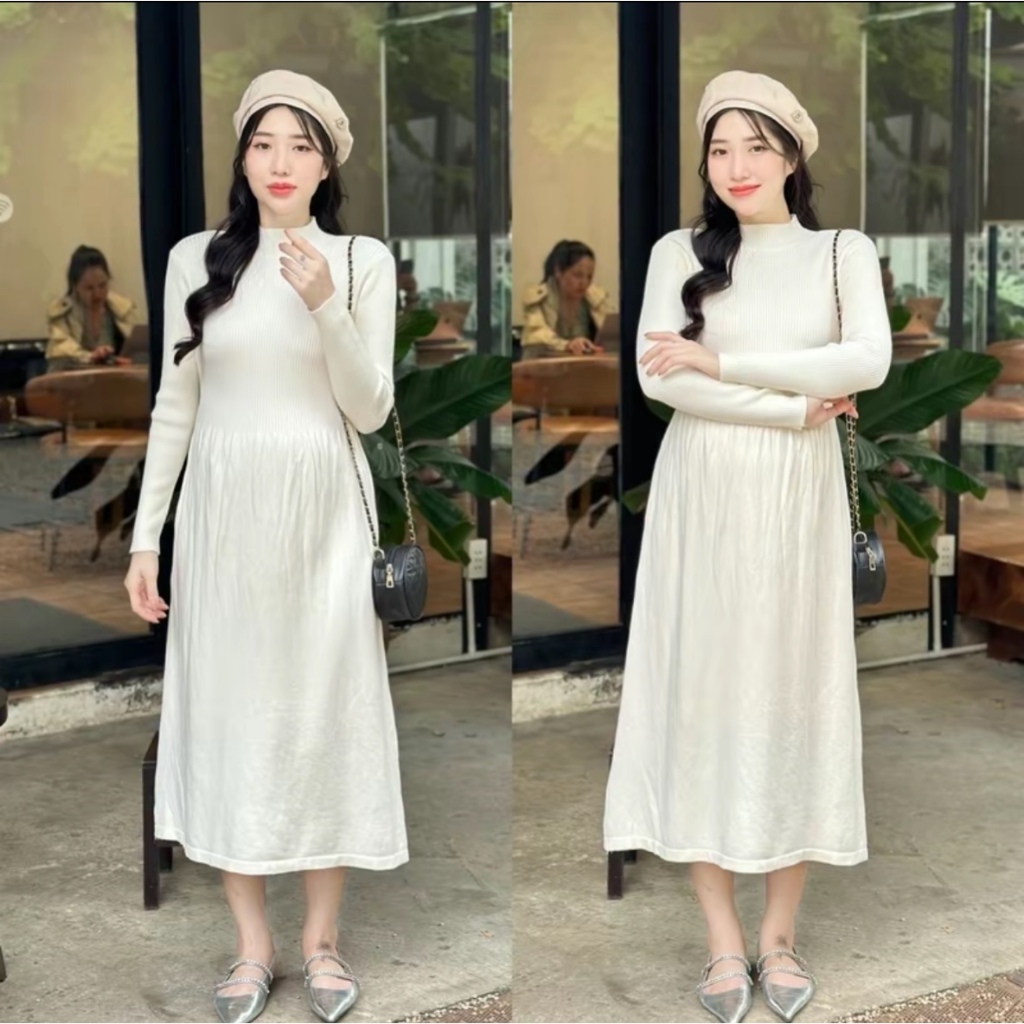 EVERMOM l Đầm bầu thun len gân tay dài co giãn giữ nhiệt