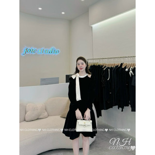 Váy nhung khoét vai buộc cổ nơ