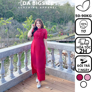 DA BIGSIZE - Áo Dài Nữ Bigsize Cách Tân Cổ Tàu Phối Hoa Kèm Quần Với Chất Tơ 2 Lớp Cao Cấp Cho Người Mập 50-90kg