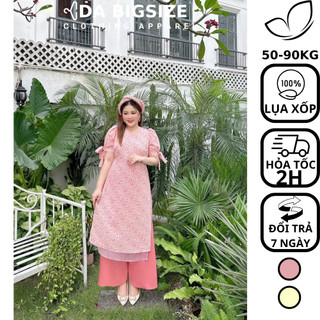 DA BIGSIZE - Áo Dài Bigsize Nữ Cách Tân Phối Nơ Với Chất Lụa Xốp Phối Chéo Nhung Đi Chùa , Đi Lễ , Chơi Tết Từ 50.90kg
