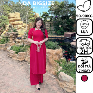DA BIGSIZE - Áo Dài Bigsize Nữ Kiểu Cổ Yếm Phối Ngoc Trai Chất Lụa Mềm Mịn Phù Hợp Đi Lễ , Đi Chùa Cho Người Mập 50-90kg