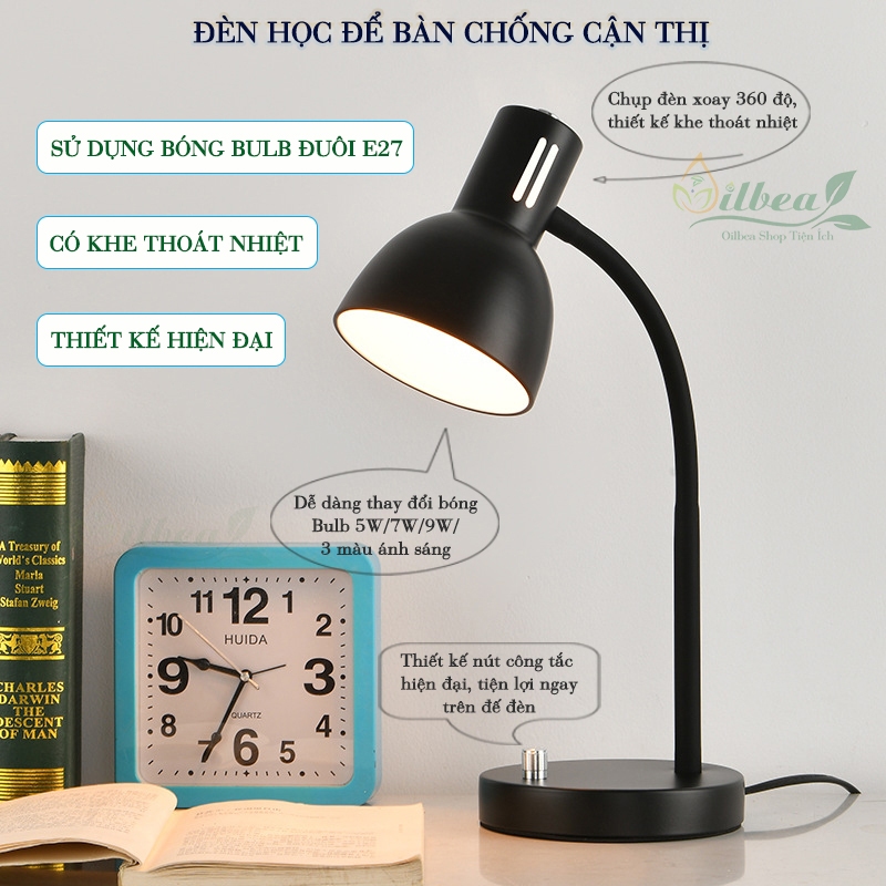 Đèn Học Để Bàn Chống Cận Thị D1007 Sử Dụng Bóng Bulb E27 Cắm Điện Ánh Sáng Trắng, Vàng, Trung Tính, 3 Màu Ánh Sáng | BigBuy360 - bigbuy360.vn