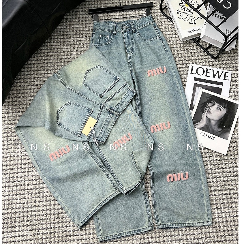 Quần jeans suông chữ Miumiu hồng hàng QCL1 - Dungpham Boutique