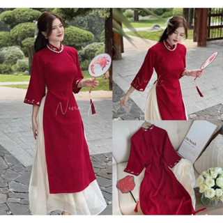 [Hot_Sẵn] Sét Áo Dài Nhung tăm Cách Tân Dáng Suông, Tay LỠ Thêu Hoa Mix Chân VÁy Nude Chất Tơ  Dáng Dài Có Thêu Hoa Ở Cổ