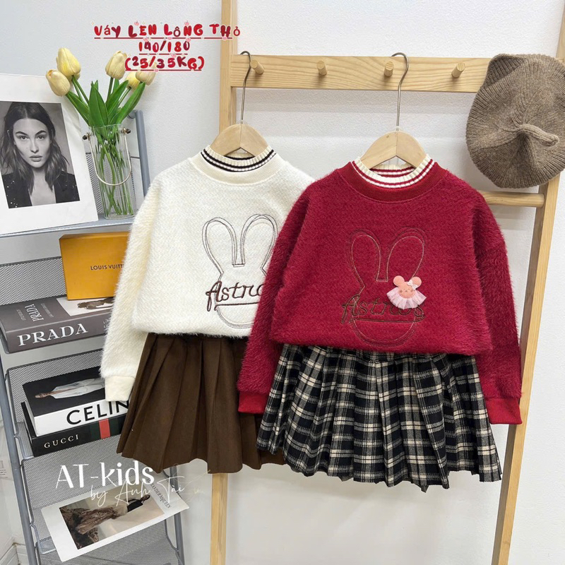 Sét áo len lông thỏ mix chân váy dạ xoè hàng size đại bé gái