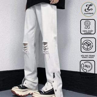 Quần Jean nam nữ rách gối LUTAVA, Quần bò ống dứng hai màu trắng đen phong cách cá tính QD248