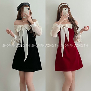 Đầm nhung thiết kế trễ vai mix voan thắt nơ tiểu thư xinh xắn - Váy thiết kế dự tiệc dài tay cho nữ