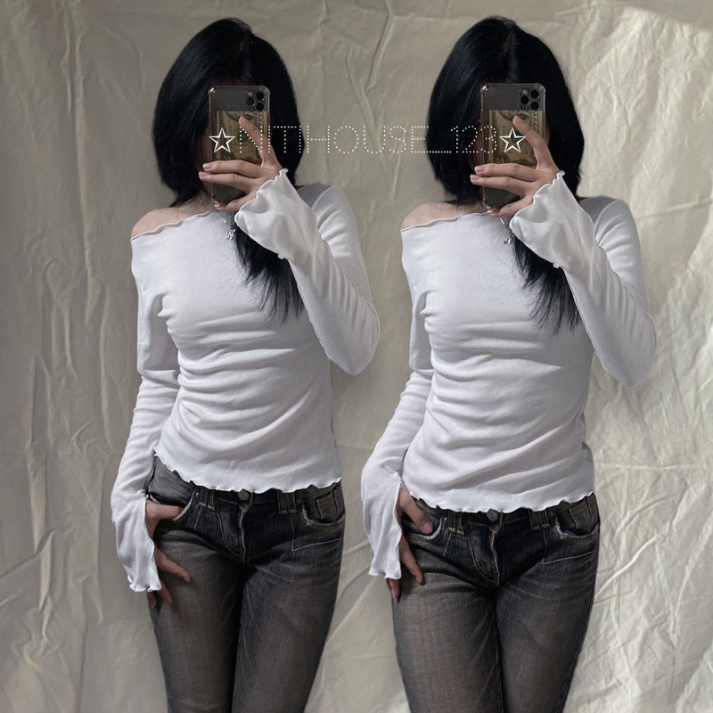 Áo tay dài tay Loe ôm body form lửng y2k