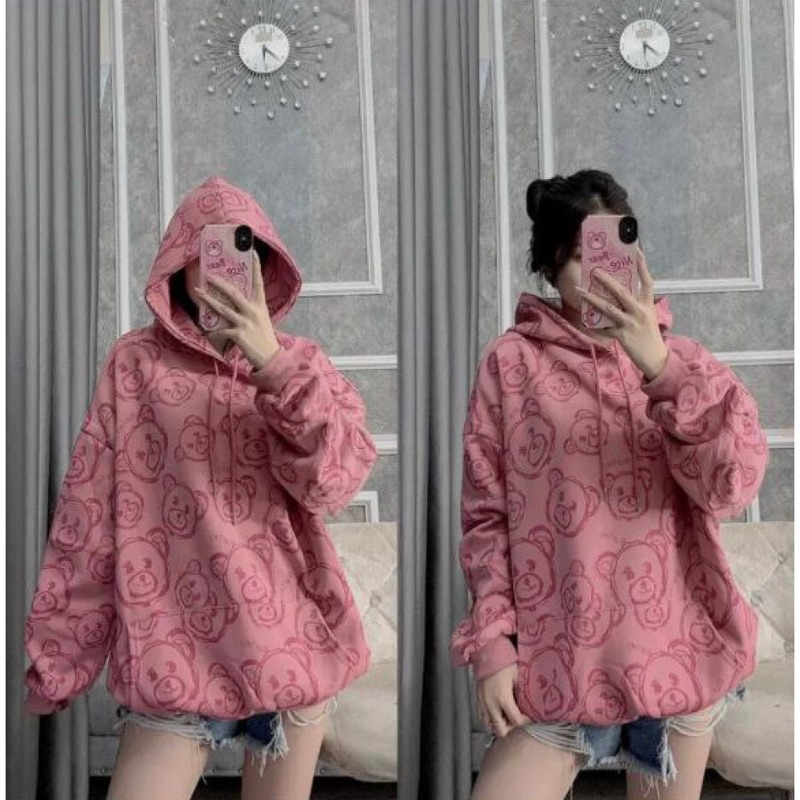 Áo hoodie GẤU in toàn thân chất nỉ cotton dày dặn mũ hai lớp Haiphuc