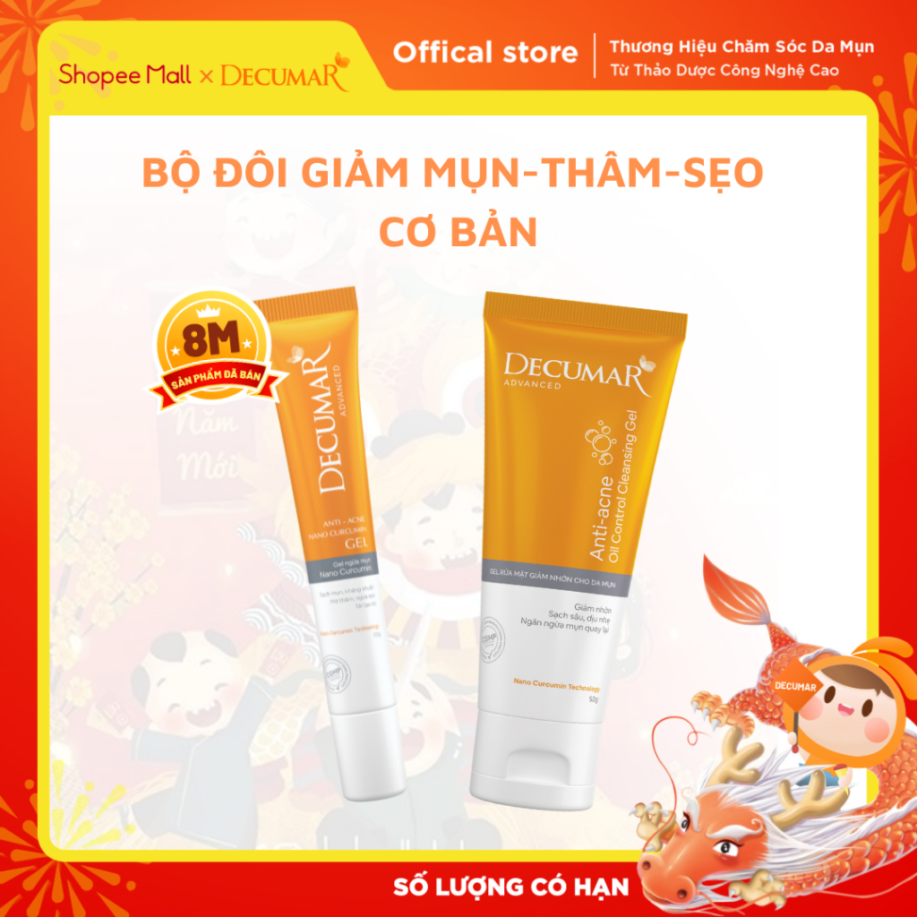 Bộ đôi 1 Gel ngừa mụn Nano Curcumin và 1 Gel rửa mặt giảm nhờn cho da mụn Decumar.