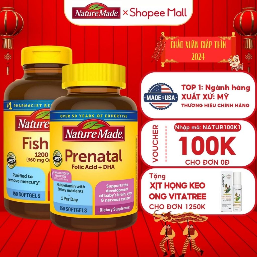 Combo tốt cho mẹ bầu Nature Made Prenatal Folic Acid + DHA và Fish Oil