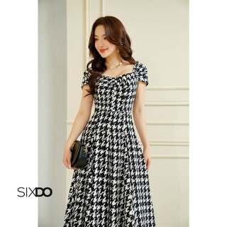 Đầm lụa midi họa tiết đen trắng dáng xòe SIXDO